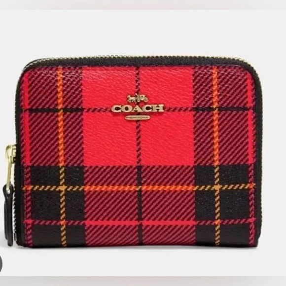 NWT Coach Wallet Red Tartan Plaid Bi-Fold Small Zip Around - Picture 1 of 6